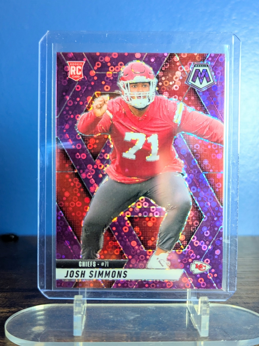 2025 Panini Mosaic Josh Simmons Purple Disco /50 #398 Kansas City Cheifs Rookie